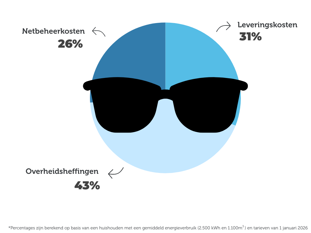 Cirkeldiagram ter illustratie van verdeling energiekosten tussen: netbeheerkosten (28% van je rekening), leveringskosten (46% van je energierekening) en overheidsheffingen (46% van je energierekening)