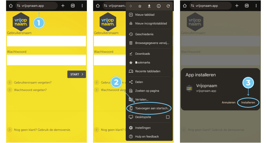 Voorbeeld mobiele weergave van snelkoppeling maken Vrijopnaam-app op Android telefoon